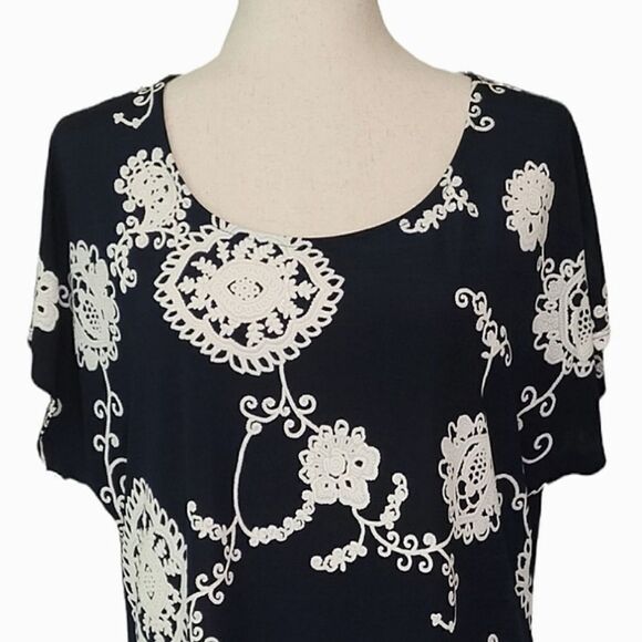 Roz & Ali Navy Blue Floral Patterned Drop Sleeve Stretchy  Blouse Size L - Picture 4 of 8